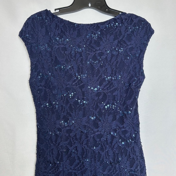 Lauren Ralph Lauren Evening Full Length Navy Blue‎ Lace and Beaded Dress - Picture 6 of 9